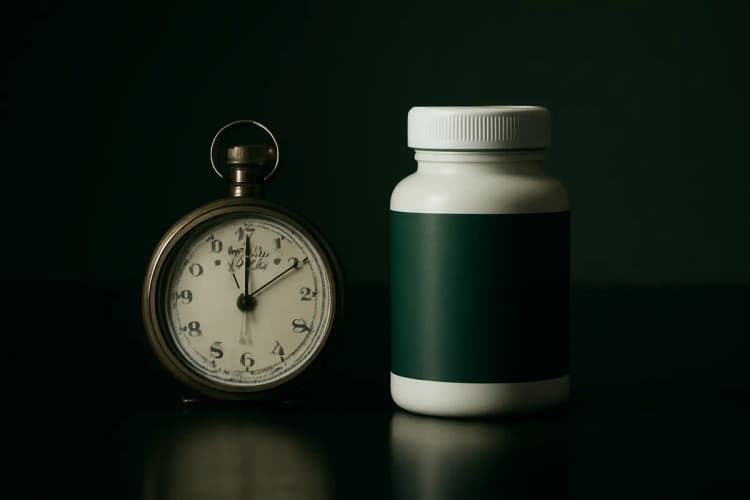 Quanto tempo devo tomar biotina para o cabelo? Cronômetro e frasco de biotina.