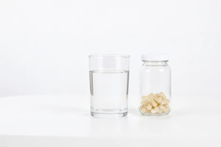 A biotina é segura? Frasco de biotina e um copo de água.