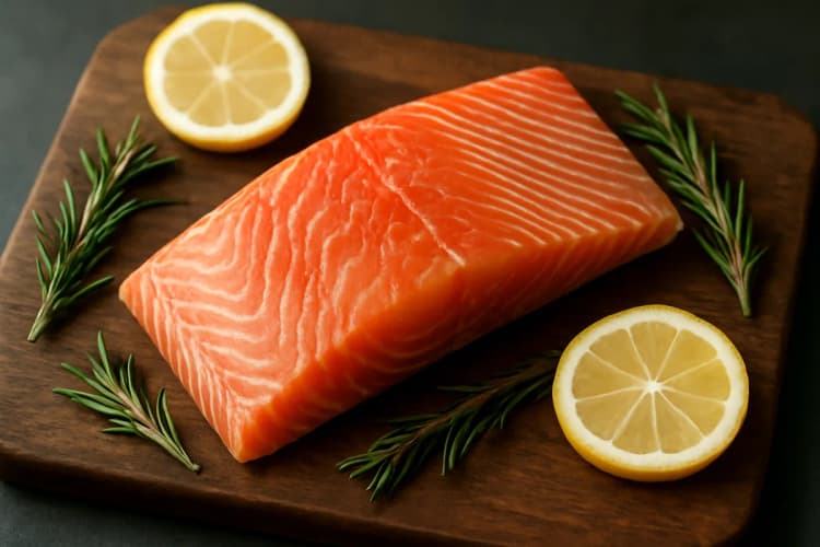 Peixe gordo cru em uma tábua de corte com limão e ervas, vista de cima