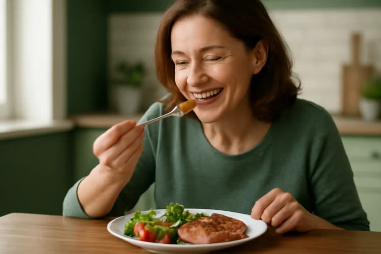 Mulher sorrindo comendo salmão grelhado, representando benefícios do ômega-3 para a saúde