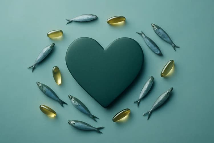 Coração estilizado com peixes e cápsulas de ômega-3 ao redor, simbolizando saúde cardiovascular