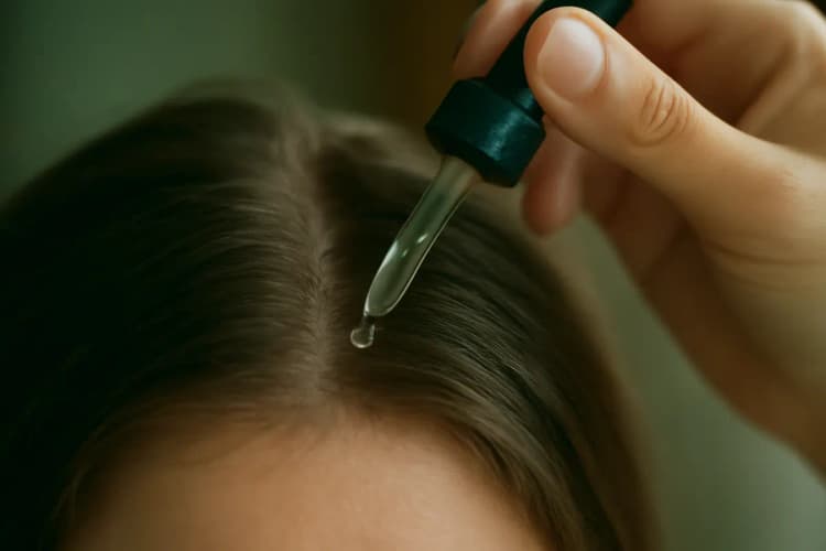 Close-up de uma pessoa aplicando um sérum capilar, com a keyword "vitamina para cabelo" no texto alternativo