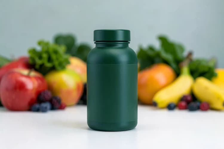 Qual o suplemento mais eficaz para emagrecer? Frasco de suplemento em destaque com frutas e vegetais ao fundo