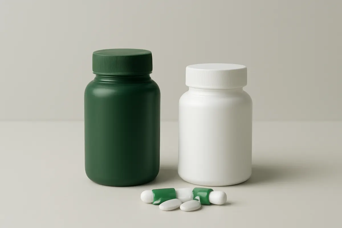 Suplementos para quem usa medicamento para emagrecer? Frascos de suplementos e comprimidos de remédio lado a lado