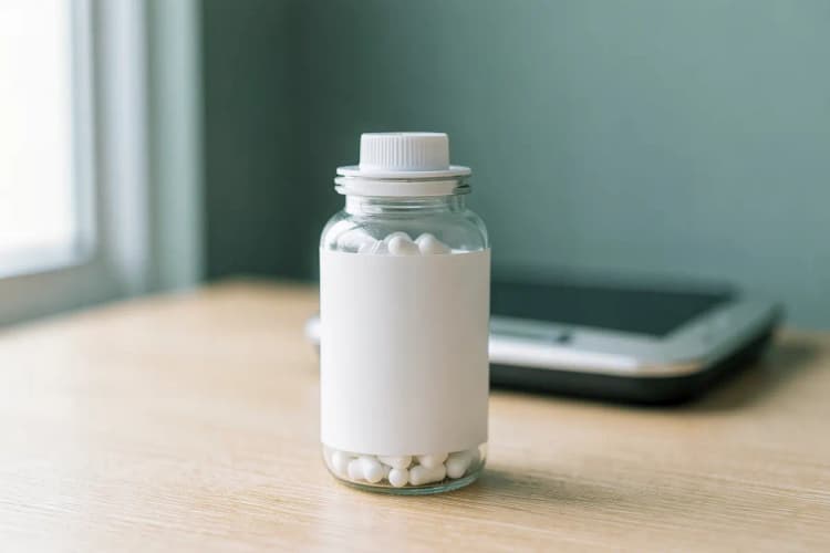 Considerações finais sobre suplementos para emagrecimento. Frasco de suplemento em close-up com balança de cozinha ao fundo
